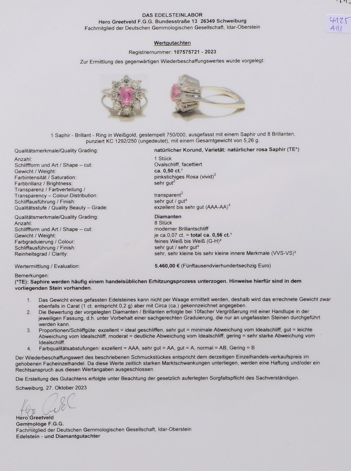 Ring, 750 WG (gest.), mit pinkem Saphir von ca. 0,50 ct, und 8x Brill./zus. ca. 0,56 ct; RG 54 - Image 3 of 3