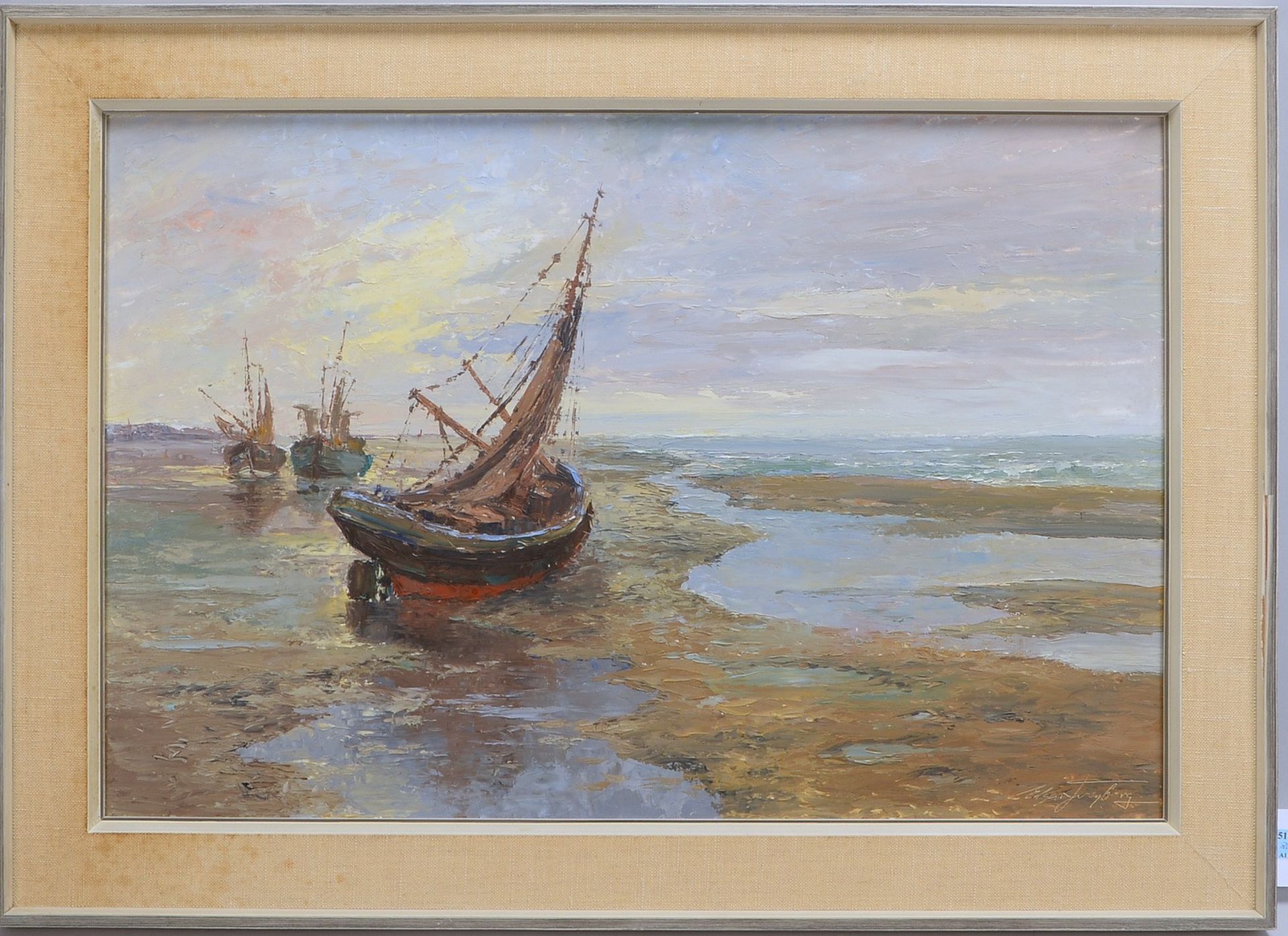 Freyberg, Edgar, 'Fischerboote am Siel', Öl/Platte, sign.; Rahmenmaße 63,5 x 88,5 cm