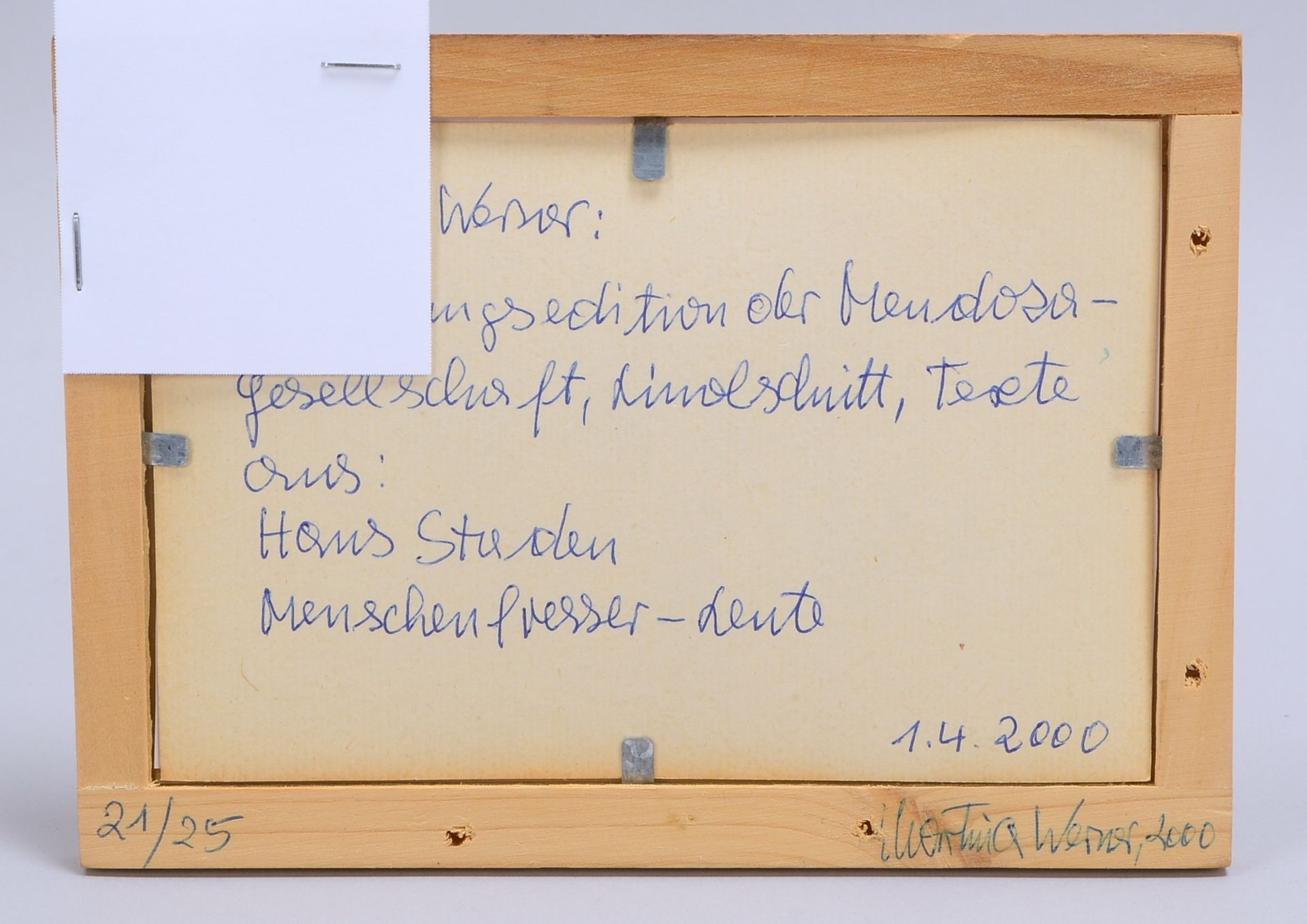 Werner, Martina, Linolschnitt, Aufl. '21/25', Rahmen mit Text, verso sign., dat. - Bild 2 aus 2