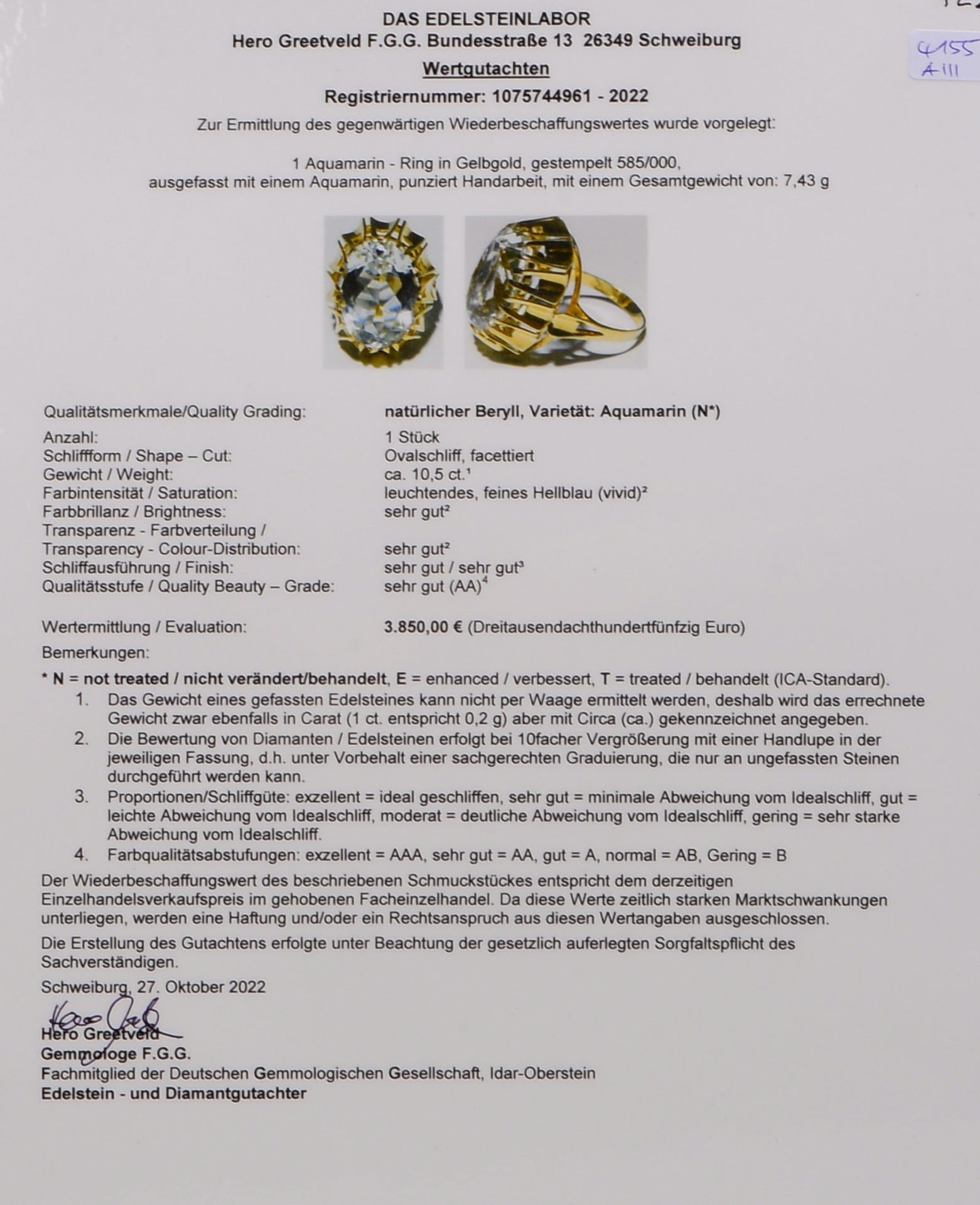 Ring, 585 GG (gest.), mit ovalem Aquamarin von ca. 10,5 ct; RG 53, Gew. 7,43 g - Bild 3 aus 3