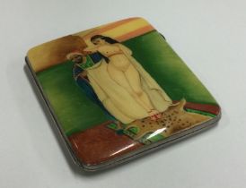 A silver and enamelled cigarette case depicting an erotic scene.