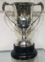 A silver plated cup on plinth.