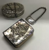 An oval silver hinged top pill box etc.