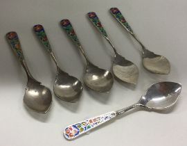 A set of six silver and enamelled spoons. Birmingham 1924. By Bernard Instone.