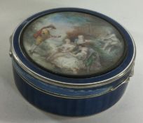 A large late 19th/early 20th Century French silver and enamelled snuff box with plaque to front.