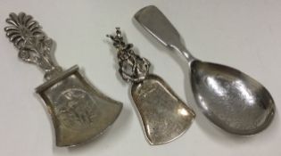 Two silver caddy spoons, London 1832 and Chester 1906, together with an Italian caddy spoon.
