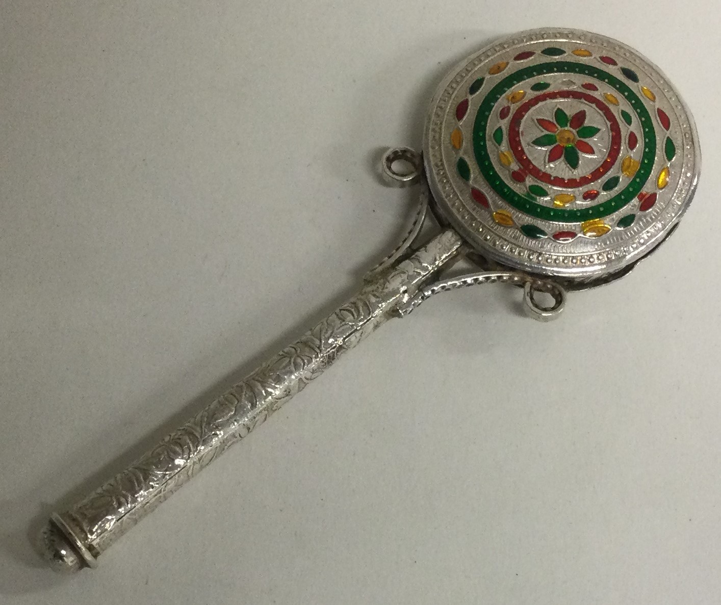 An unusual silver and enamelled rattle. - Image 2 of 2