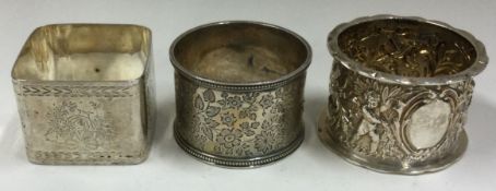 Three good silver napkin rings. Sheffield 1881 & 1901 and Birmingham 1902.