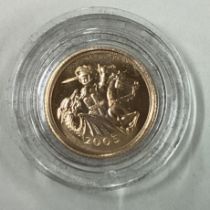 A 2005 gold Half Sovereign coin.