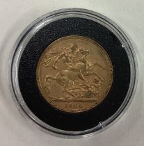 An 1896 gold Full Sovereign coin.
