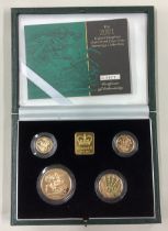 A cased 2001 gold Proof Sovereign four-coin collection.