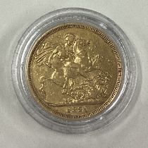 An 1821 George III gold Full Sovereign coin.