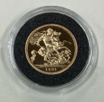 A 1981 gold Full Sovereign coin.