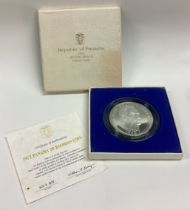 A 1972 Panama 20 Balboas Proof silver coin.