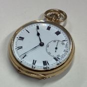 A gent's 9 carat open faced pocket watch with white enamelled dial.