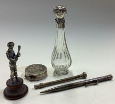 A small Continental silver scent bottle together with a pencil etc.