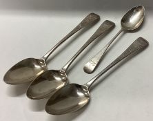 A set of three silver OE pattern dessert spoons together with another spoon.