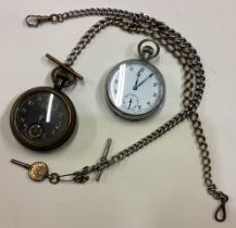 Two silver watch chains together with pocket watches.