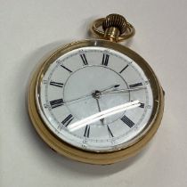 A gent's 18 carat gold open faced pocket watch with white enamelled dial.