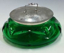 RAMSDEN & CARR: A large silver and green glass honey jar.