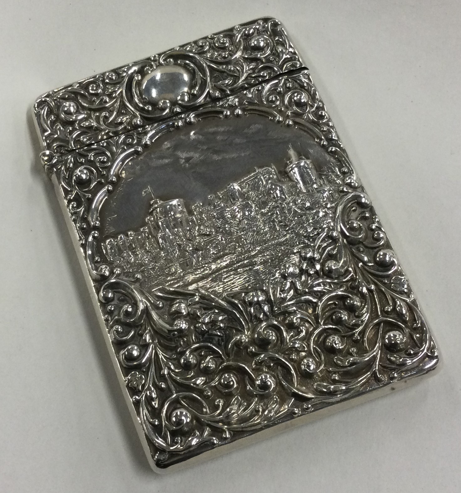 A rare silver castle top card case depicting Windsor Castle. Birmingham 1906.