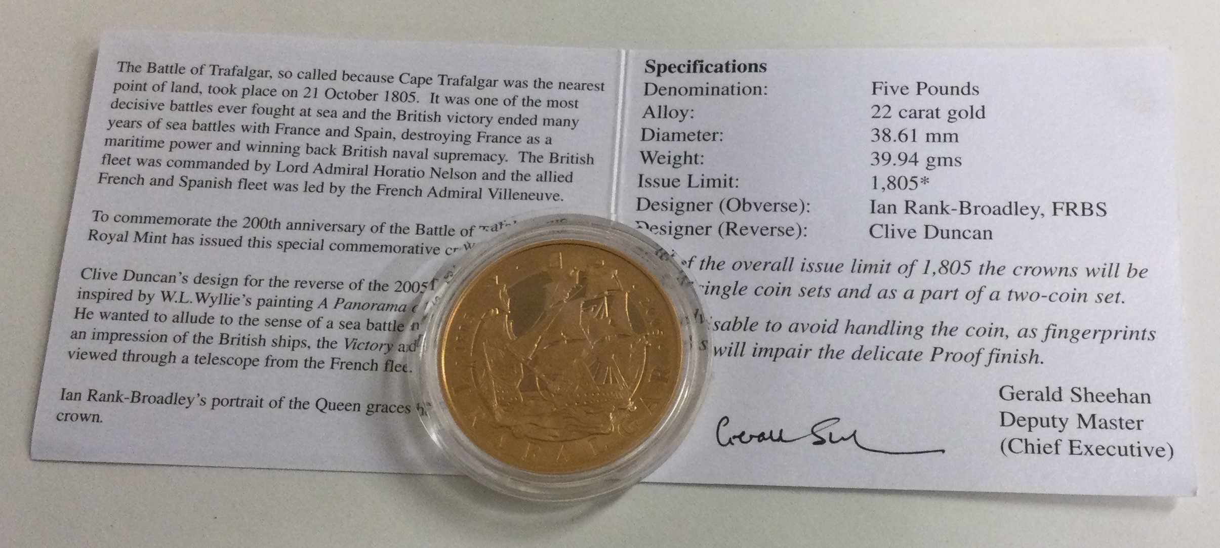 A Proof £5 'Battle of Trafalgar' 22 carat gold coin 2005. - Image 2 of 2