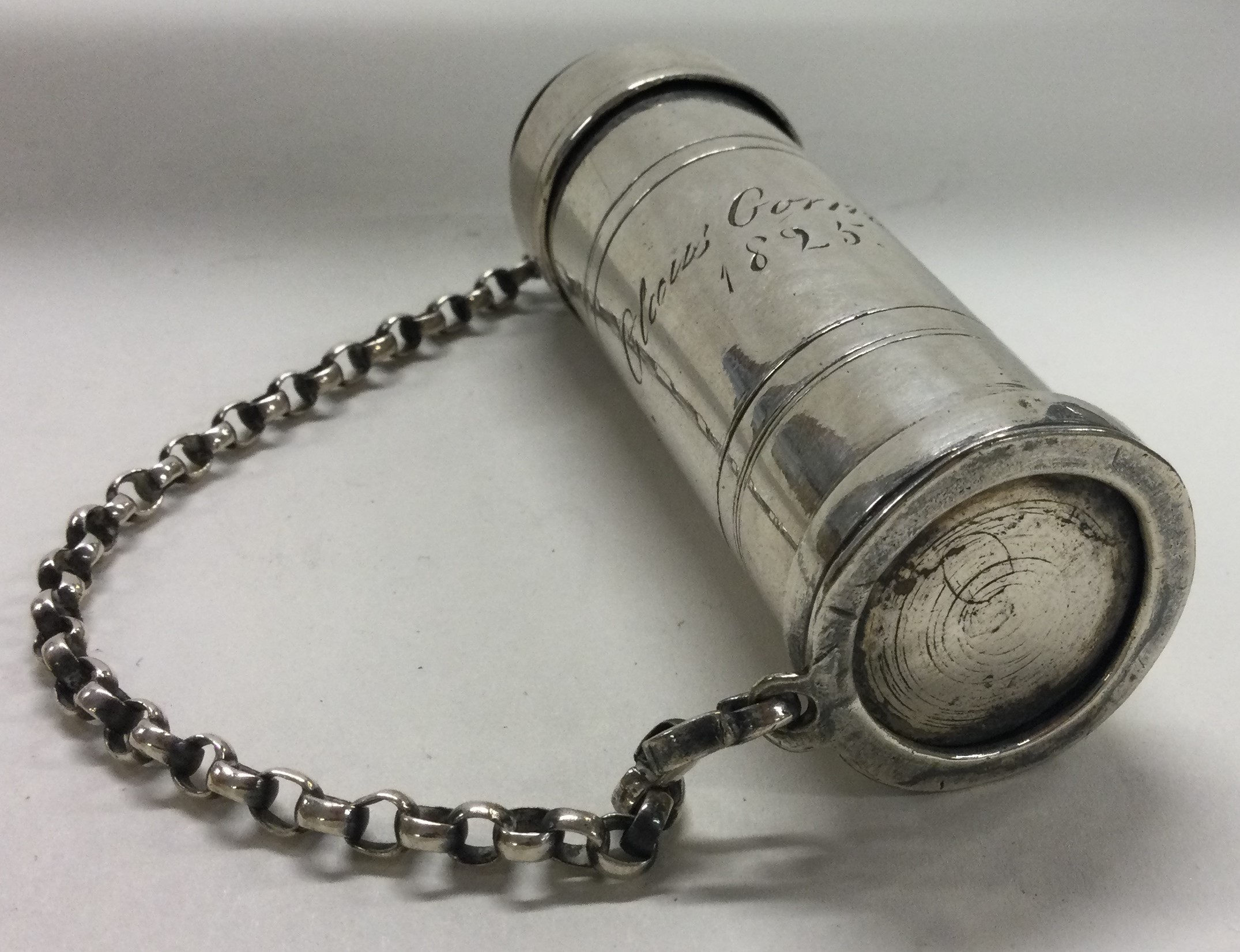 An early 19th Century silver counter box on suspension chain. - Image 2 of 2