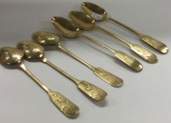 A set of six 19th Century Russian silver gilt teaspoons. Dated 1896.