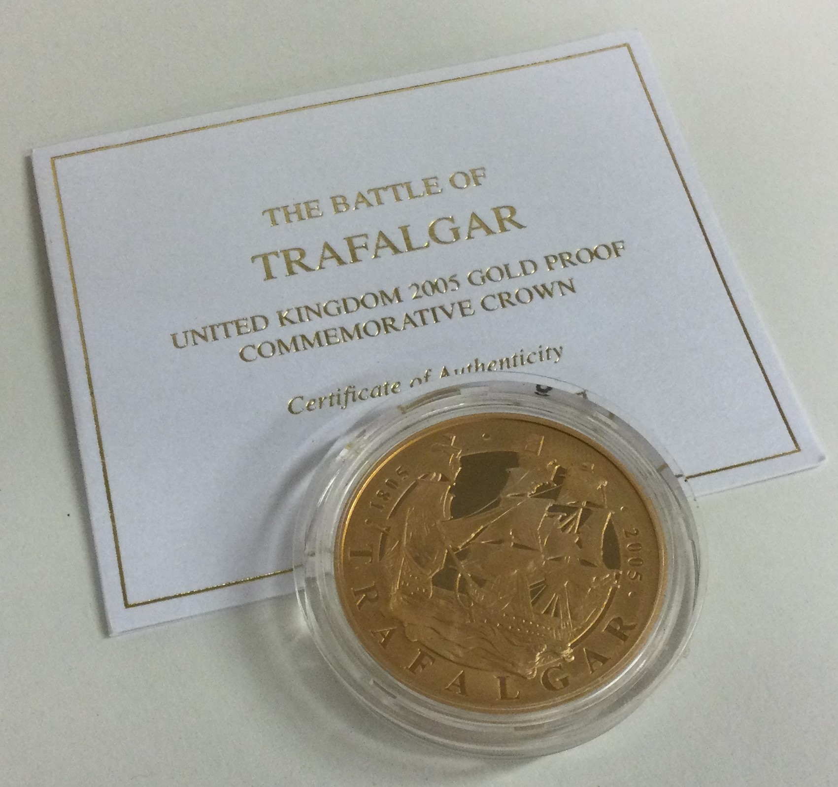 A Proof £5 'Battle of Trafalgar' 22 carat gold coin 2005.