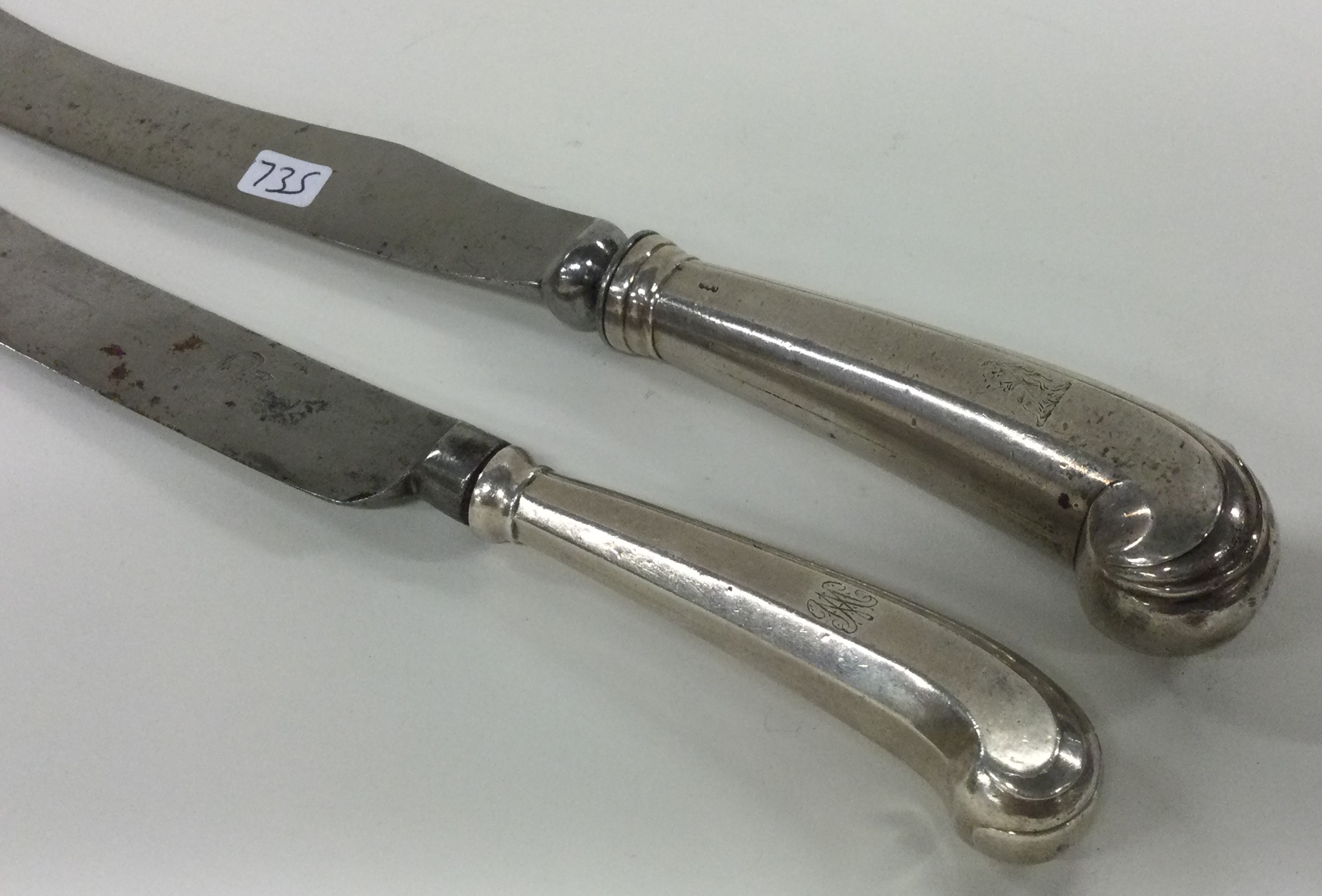 A pair of 18th Century Georgian silver pistol ended knives. - Image 2 of 2