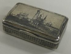 A Russian silver and Niello snuff box engraved with ships and horses.