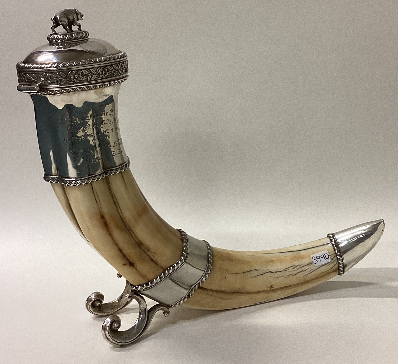 An unusual and rare silver mounted hinged top lighter with warthog finial and engraved decoration. - Image 2 of 6