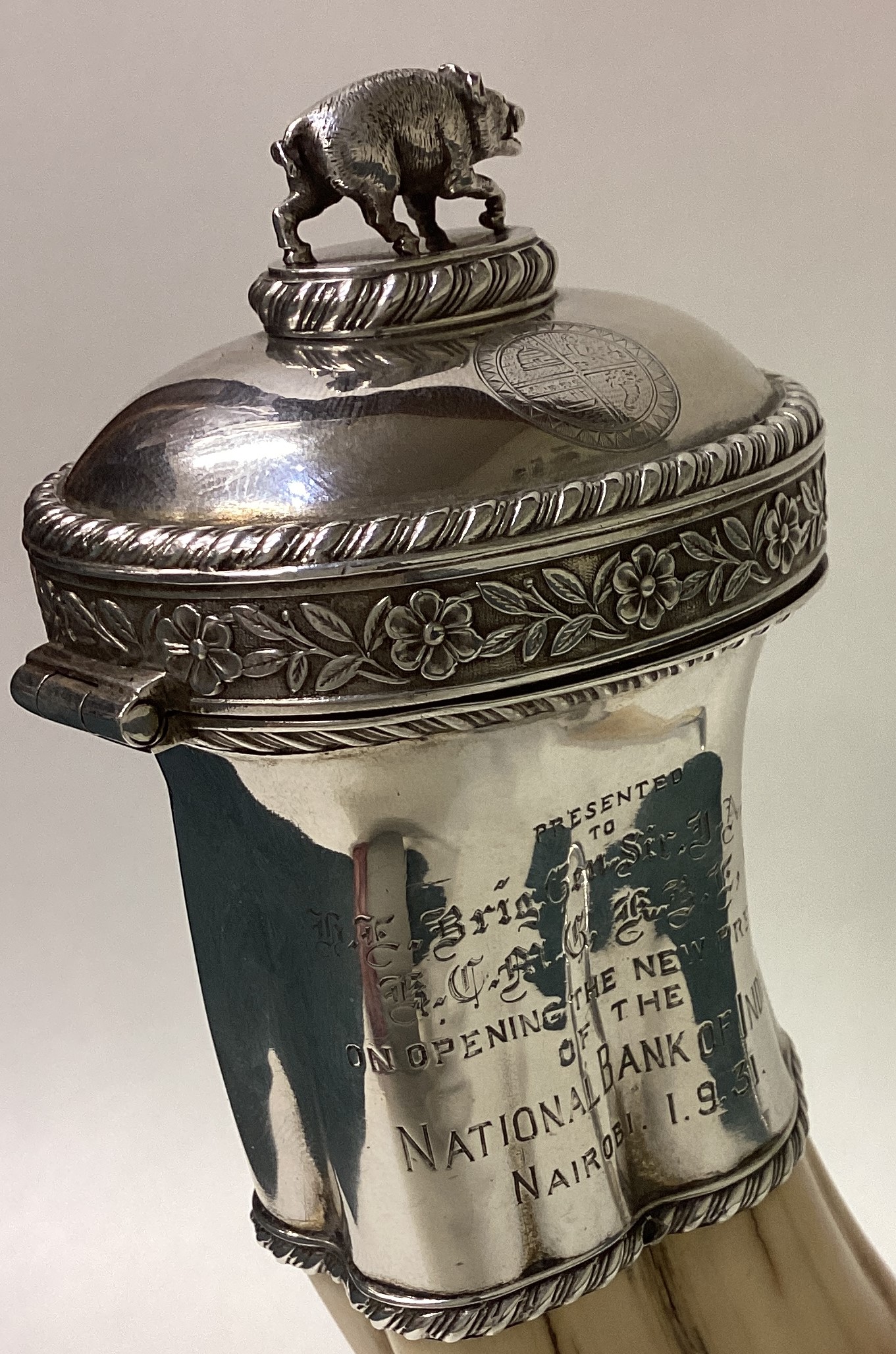 An unusual and rare silver mounted hinged top lighter with warthog finial and engraved decoration. - Image 3 of 6