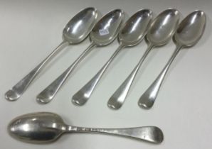 A set of six silver dessert spoons. London 1746.