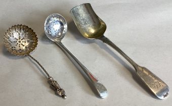 A large silver fiddle pattern salt shovel together with two preserve spoons.