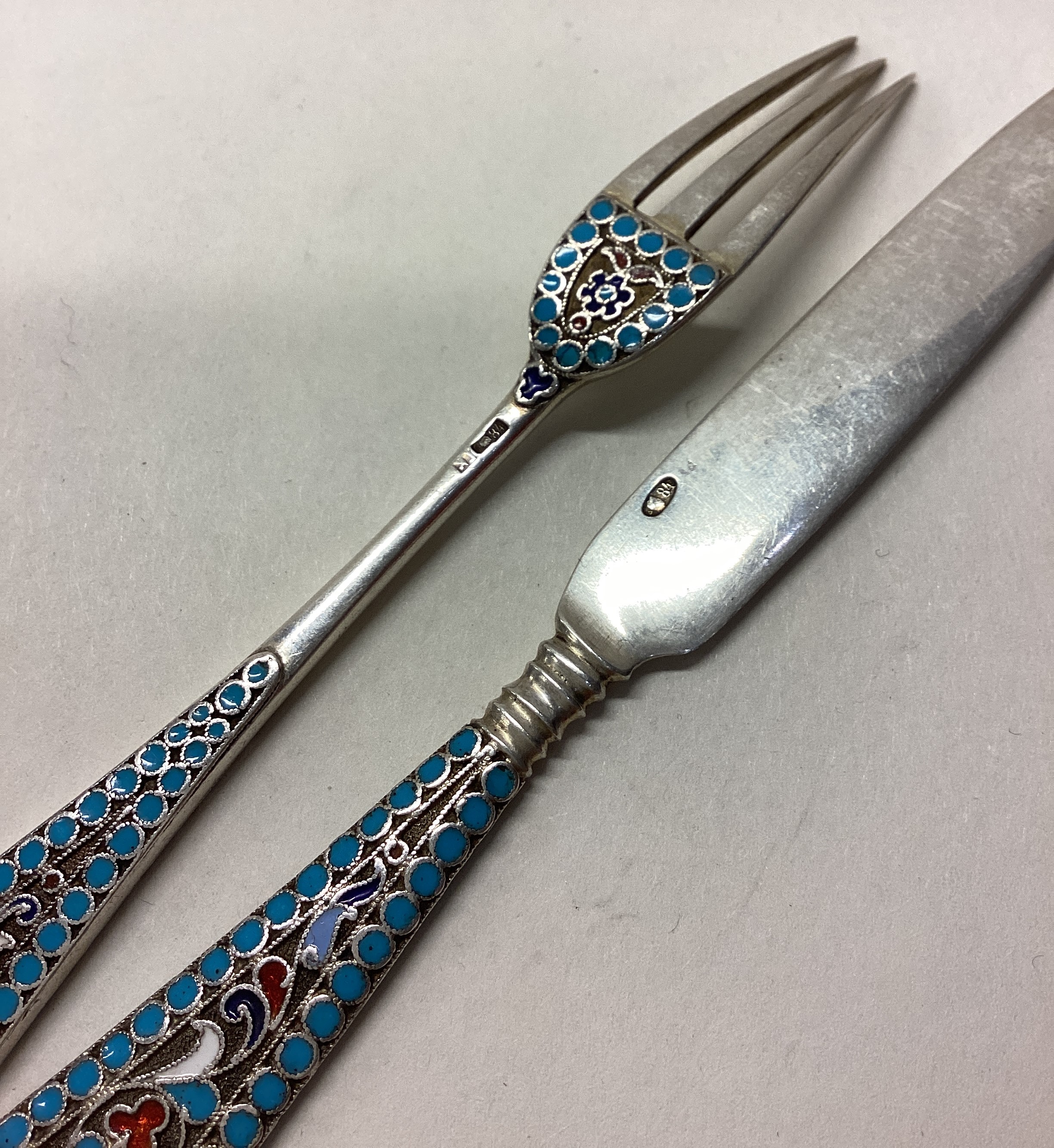 A Russian silver and enamelled knife and fork set. - Image 2 of 2