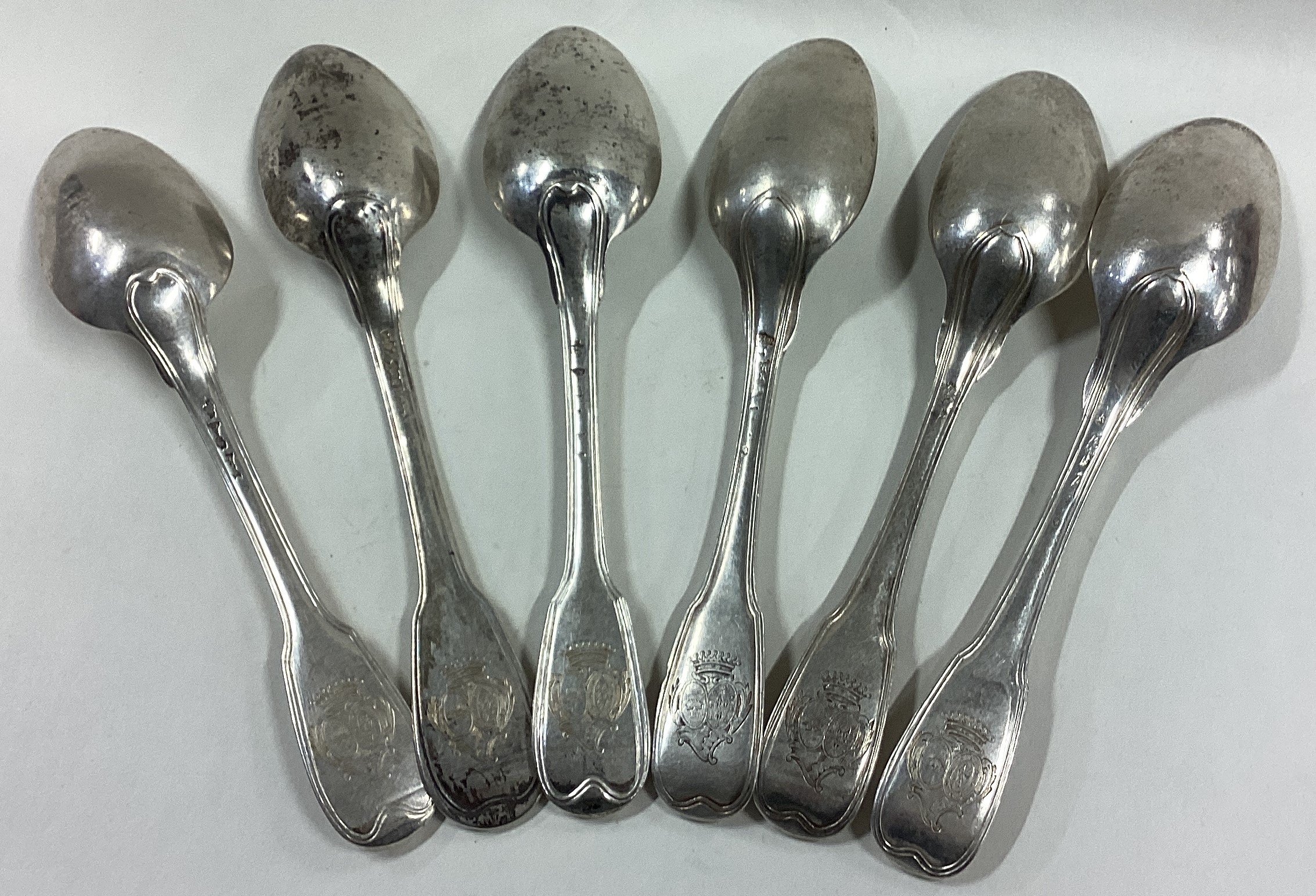 A matched set of six mid 18th Century French silver spoons. - Image 4 of 4