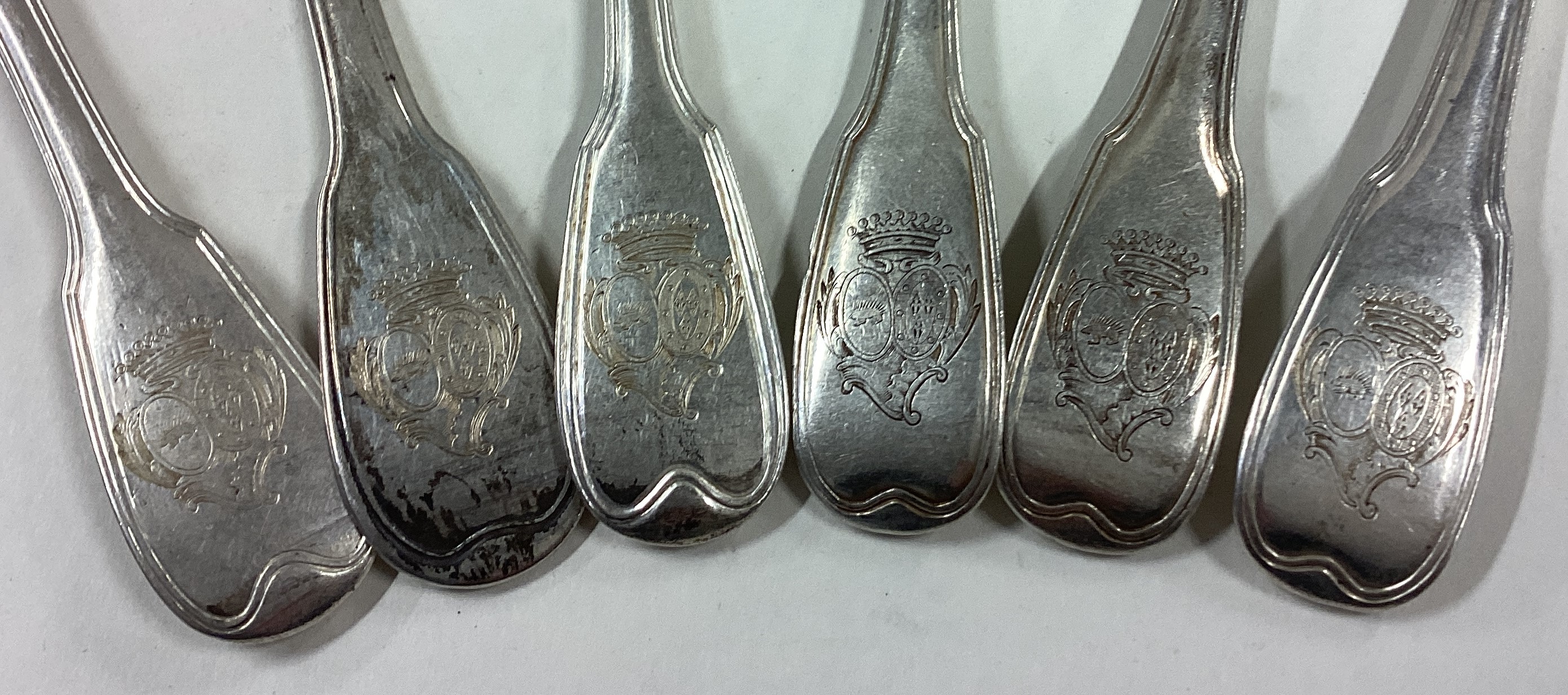 A matched set of six mid 18th Century French silver spoons. - Image 2 of 4