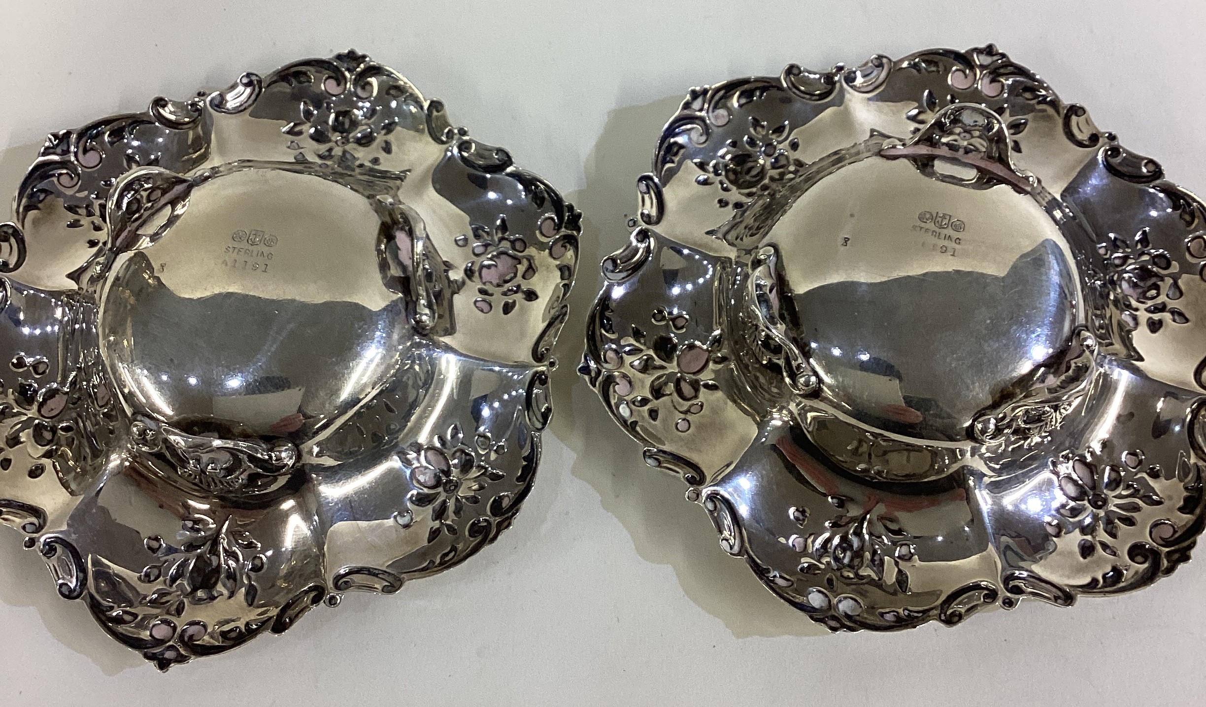 A pair of ornate American silver dishes on feet. - Image 3 of 3
