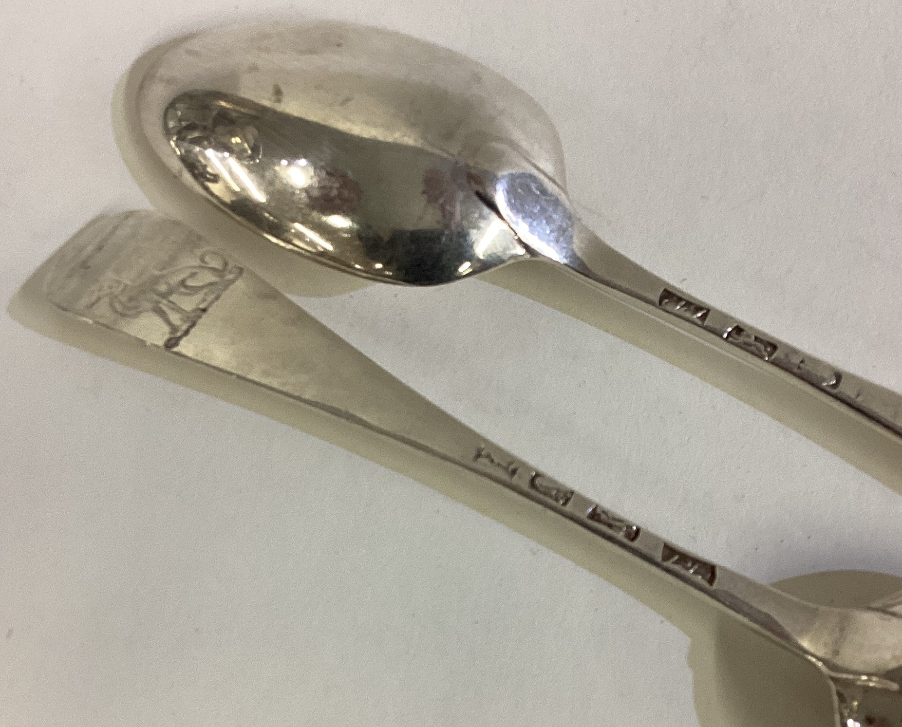 A pair of 18th Century Georgian silver bottom marked dessert spoons. - Image 2 of 2