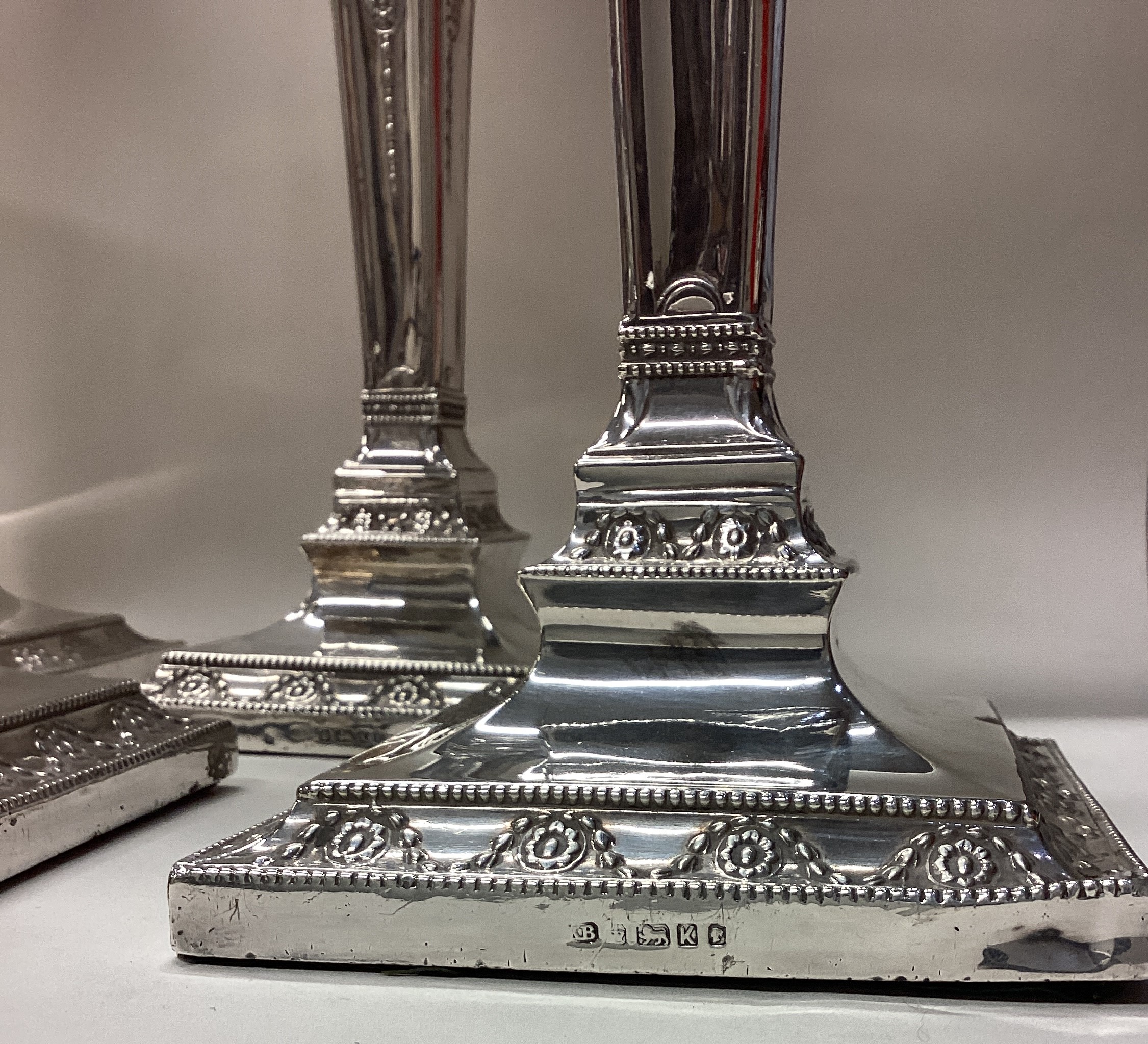 A rare and fine set of four Victorian silver candlesticks. - Image 2 of 5