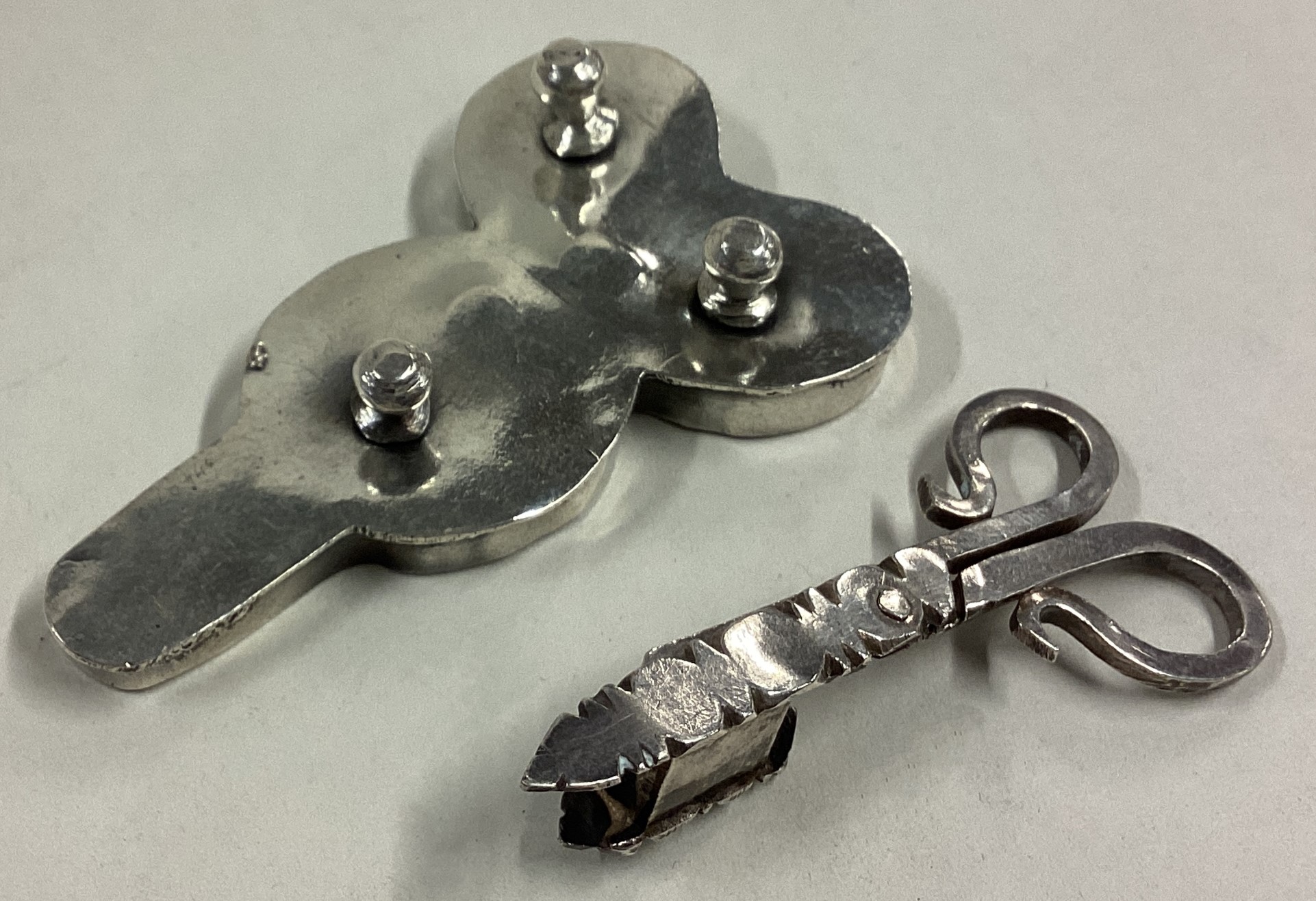 A rare pair of silver toy candle snuffers on tray. - Image 3 of 4