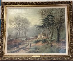A large picture depicting a woodcutters cottage scene with horses and cart.