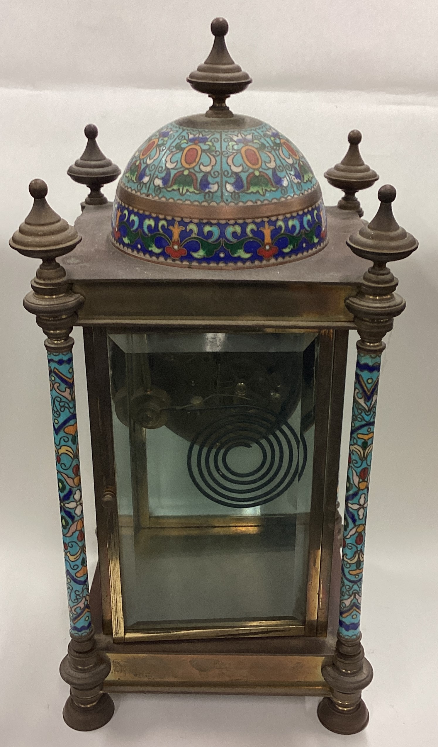 A large Continental brass and enamelled clock decorated in bright colours. - Image 4 of 5