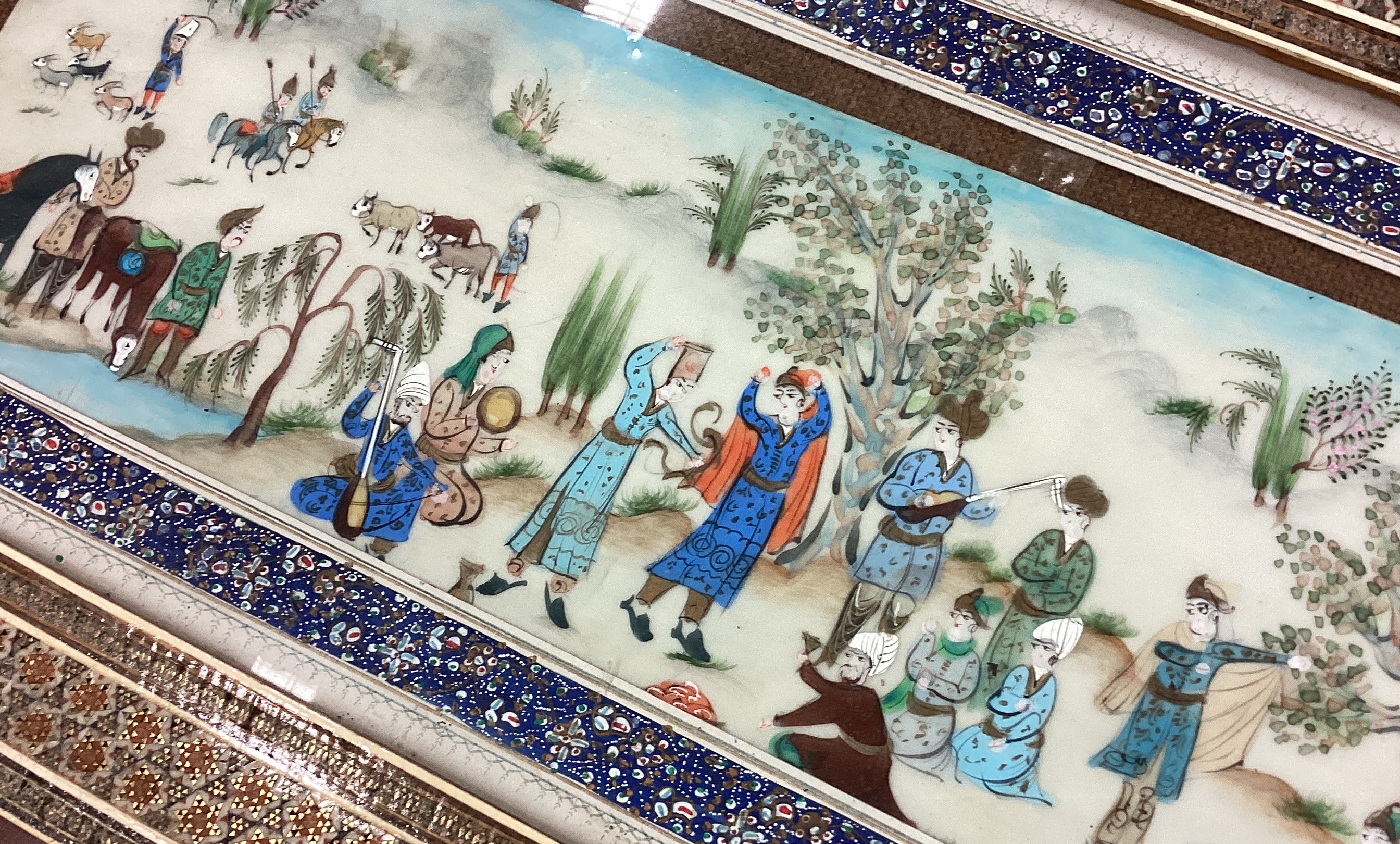 A painted Chinese picture decorated in bright colours. - Image 2 of 2