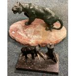 A large marble ashtray mounted with a tiger together with a sculpture of a greyhound etc.