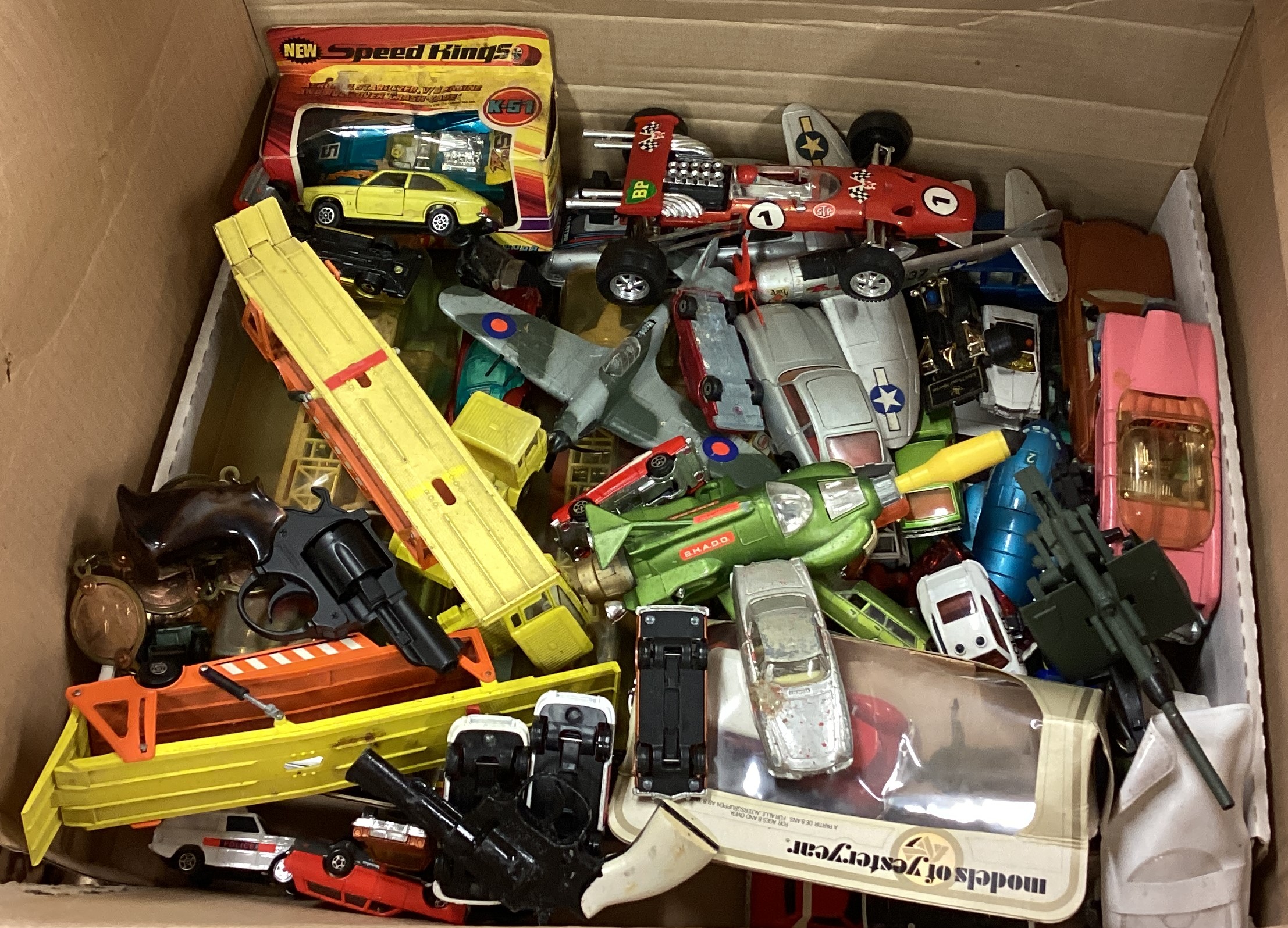 Boxes containing toy cars including Thunderbirds, commemorative carriage etc. - Image 2 of 2
