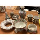 A collection of Canton teacups, vase etc.