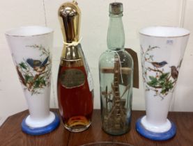 A pair of Lustre vases together with a bottle of Jim Beam whisky etc.