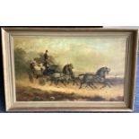 A framed picture depicting horses and carriage.